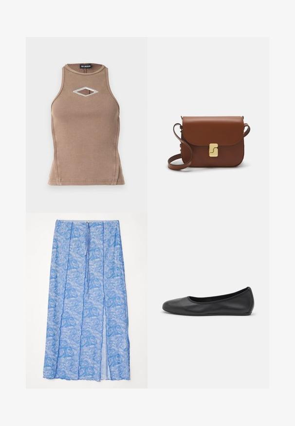 Barna bordázott ujjatlan top, kerek nyakkivágással és gyémánt alakú kivágással, ezüstszínű részletekkel.; Világoskék áttetsző szoknya rózsás mintával, húzózsinóros derékkal és hullámos szegéllyel. Az anyag lágy és könnyűnek tűnik.; Fekete bőr balettcipő lekerekített orral, sima tekstúrával, minimális varrással és rugalmas talp kialakítással.; Barna bőr kézitáska, hajtókás zárással, arany színű fém kiegészítőkkel, vállpánttal és sima felülettel. Kompakt téglalap alakú.