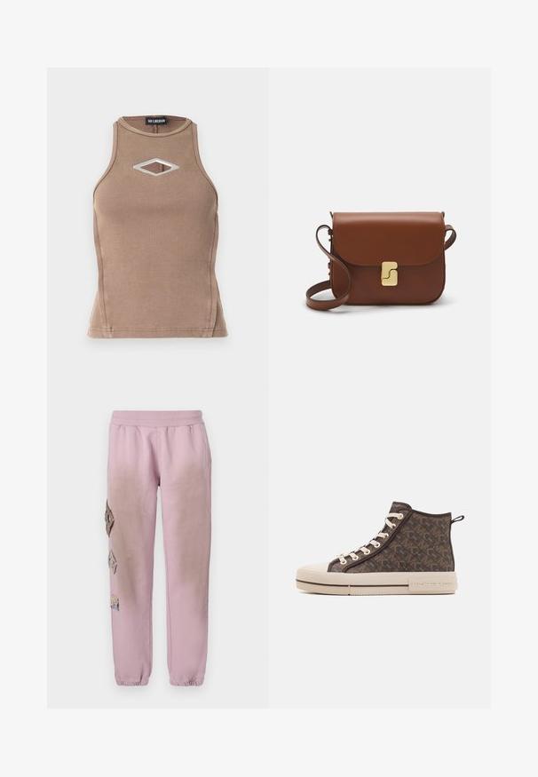 Brown ribbed tank top featuring a sleeveless design, round neckline, and a diamond cut-out with silver hardware detail.; Pink sweatpants with an elastic waistband, featuring decorative patches in diamond shapes on the left side and elastic cuffs at the ankles.; High-top sneakers in brown patterned canvas with a beige rubber sole, gold-tone hardware, and white laces. Features "MICHAEL KORS" branding.; Brown leather handbag with a flap closure, gold-tone hardware, a shoulder strap, and a smooth texture. Compact rectangular shape.