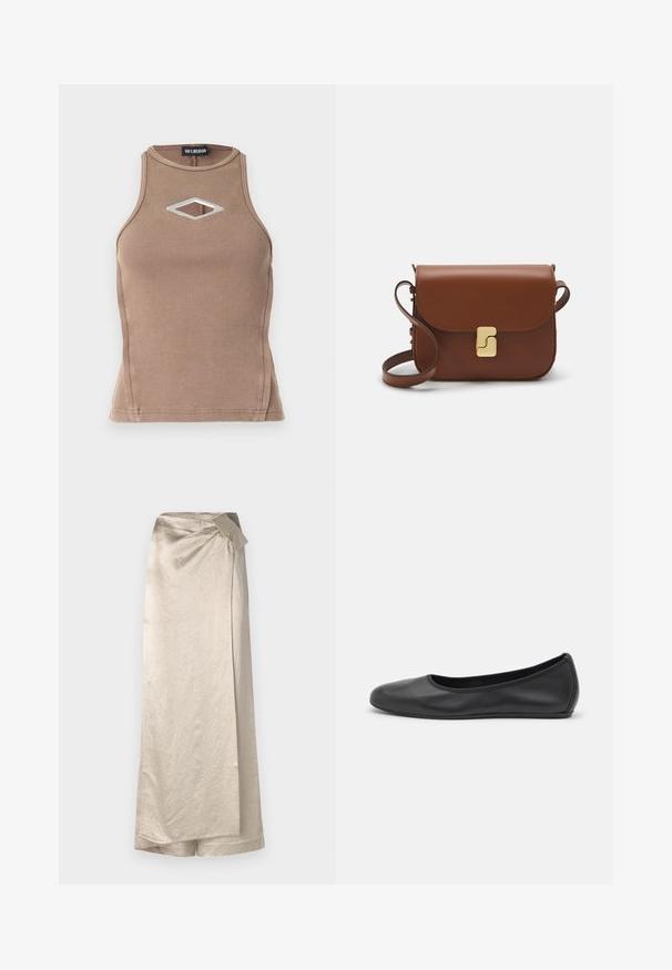 Brown ribbed tank top featuring a sleeveless design, round neckline, and a diamond cut-out with silver hardware detail.; Long, beige skirt made from a shiny, textured fabric. Features a wrap design with a side bow accent and a clean hem.; Black leather ballet flat with a rounded toe, smooth texture, minimal stitching detail, and a flexible sole design.; Brown leather handbag with a flap closure, gold-tone hardware, a shoulder strap, and a smooth texture. Compact rectangular shape.
