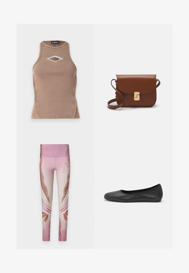 Pruuni ribaga sisetops, mis sisaldab varrukateta disaini, ümmargust kaelust ning teemantikujulist lõiget koos hõbedaste detailidega.; Roosad retuusid, millel on helekardinate üleminek tumedamale, lillemustrid ja dekoratiivsed aksessuaalid külgedel. Sile tekstuur.; Musthave mustika tantsutossud mustast nahast, ümmarguse varbaga, siledast tekstuurist, minimaalse õmblusdetailiga ja paindliku tallakujundusega.; Pruunist nahast käekott, millel on klapiga sulgur, kuldne riistvara, õlarihm ja sile tekstuur. Kompaktne ristkülikukujuline vorm.