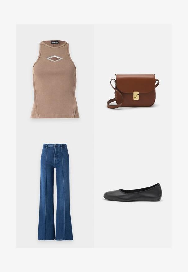 Brown ribbed tank top featuring a sleeveless design, round neckline, and a diamond cut-out with silver hardware detail.; Wide-leg blue jeans made of denim, featuring a high waist and contrasting white stitching along the seams. No additional embellishments.; Black leather ballet flat with a rounded toe, smooth texture, minimal stitching detail, and a flexible sole design.; Brown leather handbag with a flap closure, gold-tone hardware, a shoulder strap, and a smooth texture. Compact rectangular shape.