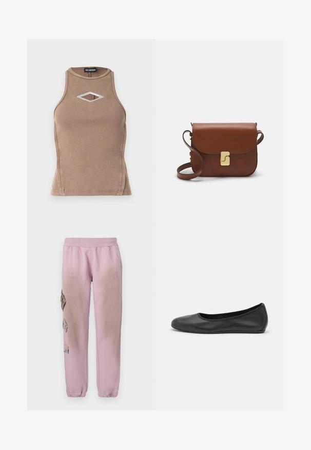 Rjav rebrast top brez rokavov z okroglim ovratnikom in diamantnim izrezom ter srebrno okrasno podrobnostjo.; Roza trenirka z elastičnim pasom, ki ima okrasne obliže v obliki diamantov na levi strani in elastične manšete na gležnjih.; Črne usnjene balerinke z zaobljenim nosom, gladko teksturo, minimalnimi šivi in fleksibilno zasnovo podplata.; Rjava usnjena torbica s poklopcem, zlato obarvani okovi, naramnica in gladka tekstura. Kompaktna pravokotna oblika.