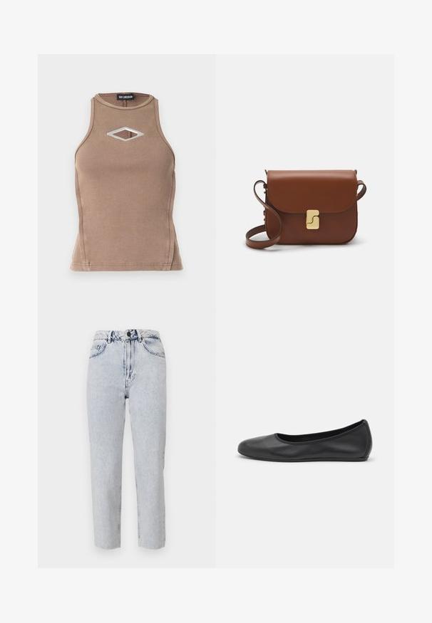 Ruskotoinen ribattuja tankkitoppi, jossa on hihaton muotoilu, pyöreä kaula-aukko ja timanttileikkaus hopeisella yksityiskohdalla.; Vaaleansininen farkkukangas, suoran lahkeen leikkaus, korkea vyötärö, etutaskut ja vyölenkit. Kangas on pehmeä ja hieman haalistunut.; Musta nahkainen ballerina, jossa on pyöristetty kärki, sileä pinta, minimaalinen ommelkoristelu ja joustava pohjamuotoilu.; Ruskea nahkainen käsilaukku, jossa on läppäkiinnitys, kultasävyiset yksityiskohdat, olkahihna ja sileä pinta. Kompaktin suorakaiteen muotoinen.