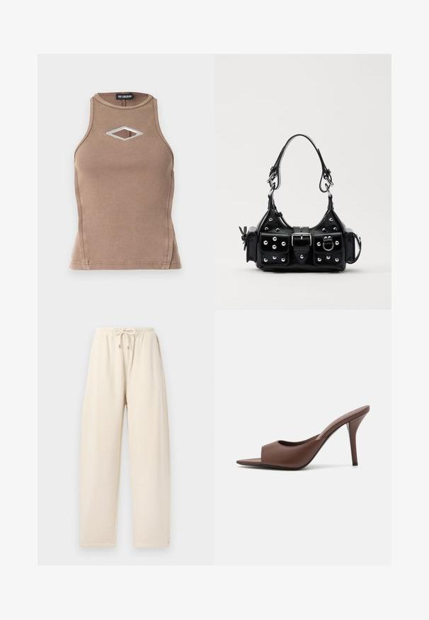 Hnědý žebrovaný tílko s bezrukávovým designem, kulatým výstřihem a diamantovým výřezem se stříbrným kovovým detailem.; Krémové tepláky vyrobené z měkké tkaniny, s páskem na stažení v pase, volným střihem a bočními kapsami.; Hnědé kožené otevřené lodičky na vysokém podpatku s elegantním designem, které mají široký přední pás a štíhlý jehlový podpatek.; Černá kožená kabelka s křivkovým designem, zdobená stříbrnými hřebíky, s přezkou a dvěma bočními kapsami. Nastavitelný popruh pro různé možnosti nošení.