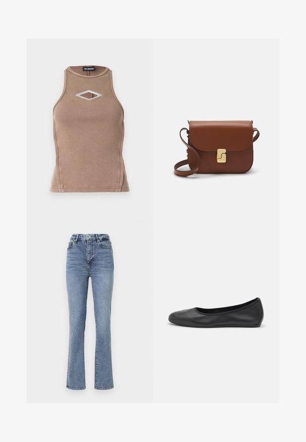Top din bumbac închis cu design cu bretele, de culoare brown, cu decolteu rotund și un detaliu în formă de diamant cu hardware argintiu.; Jeans din denim albastru cu talie înaltă, cu un design cu picioare drepte, având un stil clasic cu cinci buzunare și accente subtile de cusătură.; Balerini din piele neagră, cu vârf rotund, textură netedă, detalii de cusătură minimale și un design al tălpii flexibil.; Geantă de piele maro cu închidere tip capac, accesorii de culoare aurie, curea de umăr și o textură netedă. Formă compactă și rectangulară.