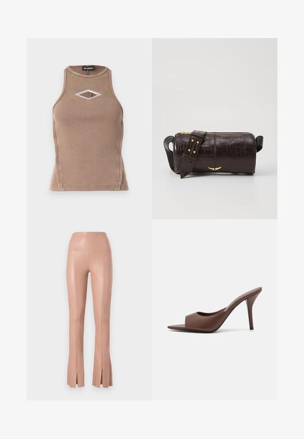 Top din bumbac închis cu design cu bretele, de culoare brown, cu decolteu rotund și un detaliu în formă de diamant cu hardware argintiu.; Pantaloni ajustați, cu talie înaltă, de culoare roz pal, dintr-un material neted și elastic, cu fante laterale la tiv. Detalii de cusătură prezente.; Mule-uri din piele maro, cu vârf deschis și toc înalt, cu un design elegant, având o curea frontală lată și un toc subțire de tip stiletto.; Geantă din piele căptușită cu un model de crocodil de culoare maro, cu o formă cilindrică, accesorii de culoare aurie și un curea detasabilă cu tăieturi.