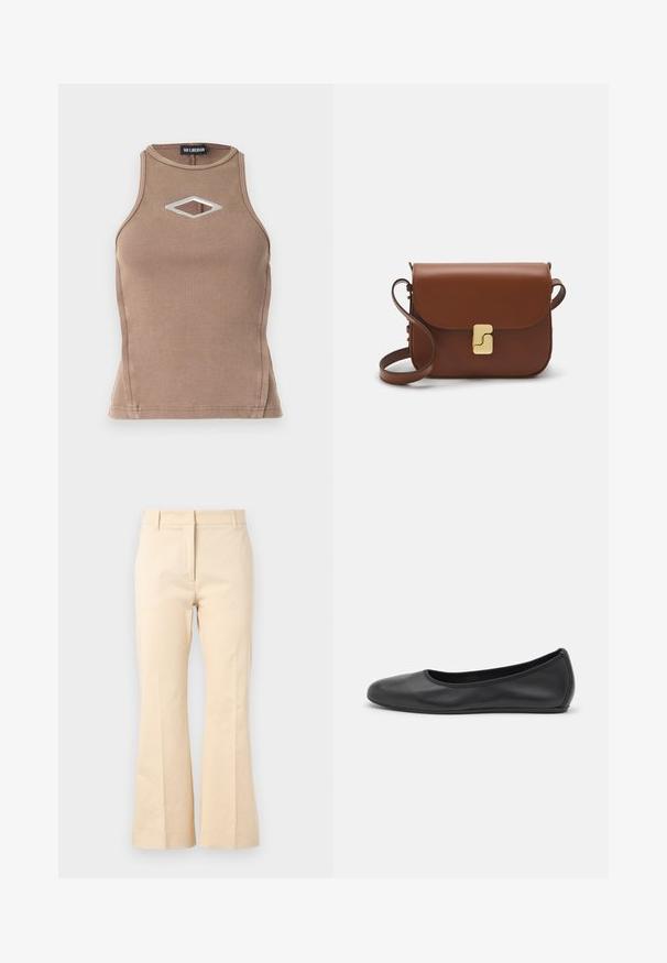 Brūna ribota bezpiedurkņu krekla ar apaļu izgriezumu un dimanta formu izgriezumu ar sudraba detaļu.; Beige platās bikses, izgatavotas no kokvilnas. Tām ir gluda struktūra, taisna josta un priekšējā locījuma dēļ izskatās stilīgi.; Melna ādas baleta kurpe ar noapaļotu purngalu, gludu tekstūru, minimālu šuvju detalizāciju un elastīgu zoles dizainu.; Bordo ādas rokas soma ar atloku, zeltītām detaļām, plecu siksnu un gludu virsmu. Kompakta, taisnstūrveida forma.