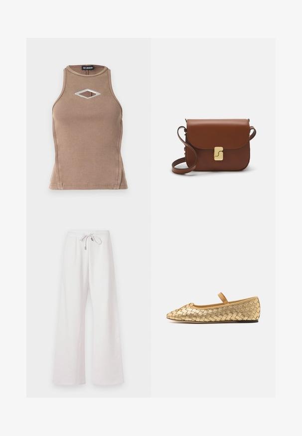 Brūna ribota bezpiedurkņu krekla ar apaļu izgriezumu un dimanta formu izgriezumu ar sudraba detaļu.; Gaiši rozā, platajā kāju sporta bikses ar savelkamu jostu, izgatavotas no mīksta auduma; tām ir gluda virsma un nav redzamu rakstu vai apdrukas.; Loeffler Randall LEONIE SOFT BALLET FLAT - Baletkurpes ar siksniņu ap potīti - gold; Bordo ādas rokas soma ar atloku, zeltītām detaļām, plecu siksnu un gludu virsmu. Kompakta, taisnstūrveida forma.