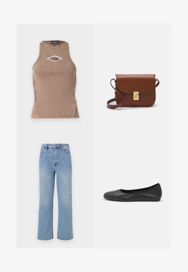 Top din bumbac închis cu design cu bretele, de culoare brown, cu decolteu rotund și un detaliu în formă de diamant cu hardware argintiu.; Blugi din denim de culoare albastră deschisă, cu croi larg, talie înaltă, design cu cinci buzunare și cusături contrastante pe margini.; Balerini din piele neagră, cu vârf rotund, textură netedă, detalii de cusătură minimale și un design al tălpii flexibil.; Geantă de piele maro cu închidere tip capac, accesorii de culoare aurie, curea de umăr și o textură netedă. Formă compactă și rectangulară.