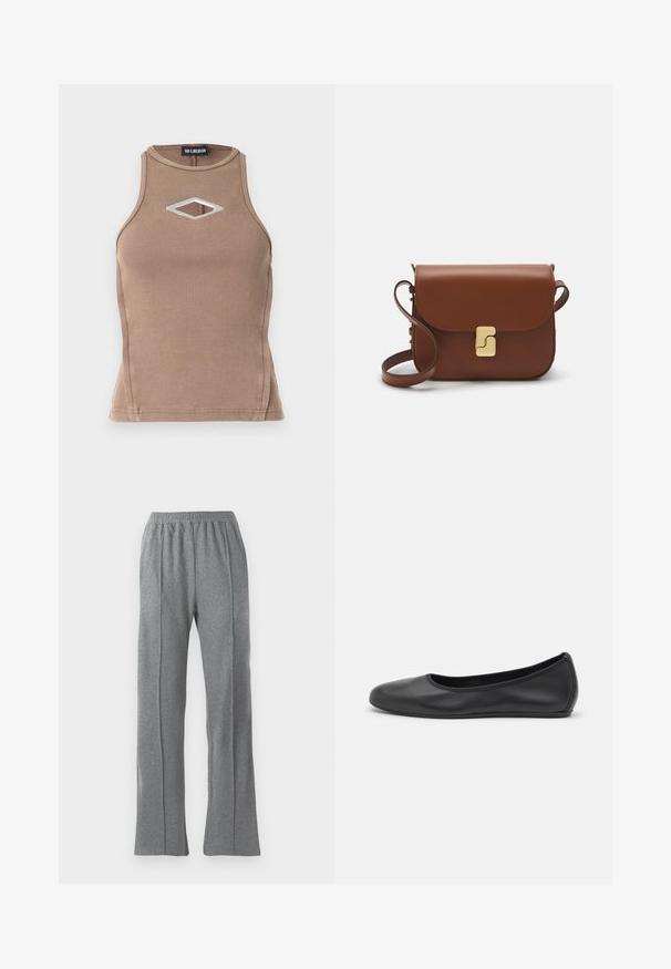 Top din bumbac închis cu design cu bretele, de culoare brown, cu decolteu rotund și un detaliu în formă de diamant cu hardware argintiu.; Pantaloni de sudură gri cu talie elastică, având o croială drept și detalii subtile pe saume. Realizați dintr-un material moale și texturat.; Balerini din piele neagră, cu vârf rotund, textură netedă, detalii de cusătură minimale și un design al tălpii flexibil.; Geantă de piele maro cu închidere tip capac, accesorii de culoare aurie, curea de umăr și o textură netedă. Formă compactă și rectangulară.