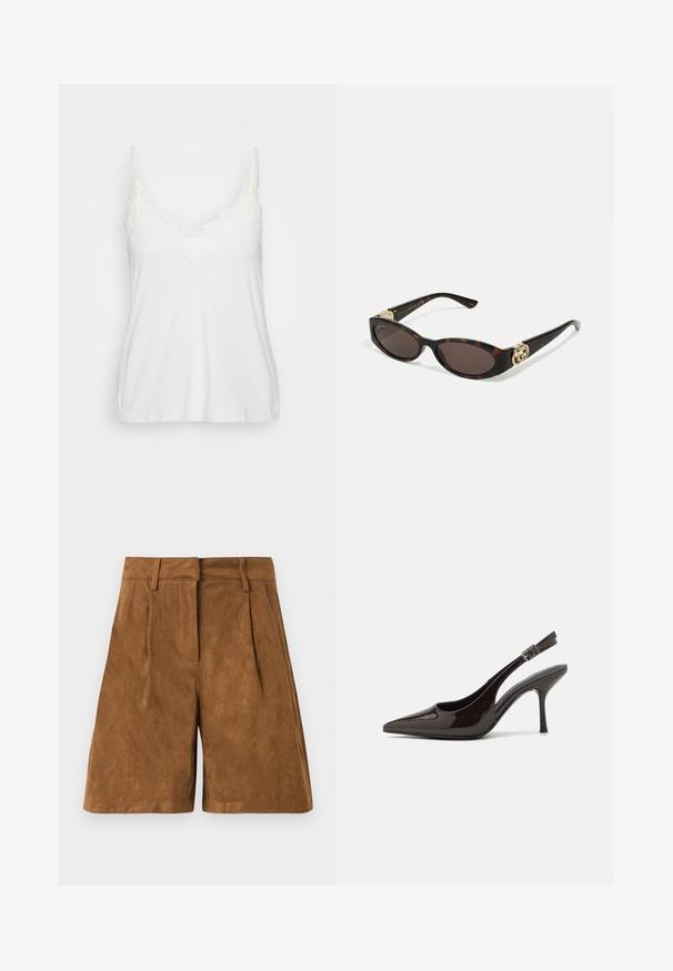 Camisole alb cu decolteu în formă de V, cu dantelă delicată la margini, bretele subțiri ajustabile și un material moale și neted.; Sorturi din suede maro cu o textură netedă, având plii frontale, un brâu plat și o croială dreaptă.; Pantof cu toc înalt Slingback din piele sintetică lucioasă de culoare maro închis, vârf ascuțit, laterale deschise și curea ajustabilă la glezne.; Ochelari de soare din țiglă cu lentile ovale alungite, nuanță maro, accente cu logo auriu pe brațele laterale și brațe negre elegante.; Cercei aurii cu swirl, cu grund transparent, având accente texturate din aur și mici pietre clare încorporate în design.