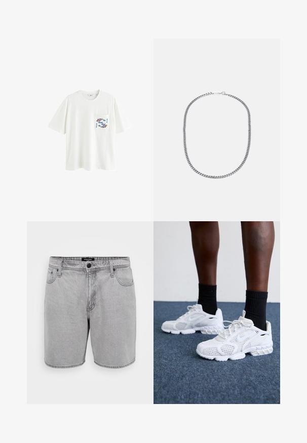 Weißes Baumwoll-T-Shirt mit kurzen Ärmeln, einer Tasche und einem blauen/roten Grafikdruck auf der Taschenfläche. Lockerer Schnitt, Rundhalsausschnitt.; Graue Denim-Shorts mit geradem Schnitt, ausgestattet mit Fronttaschen, einem Knopfverschluss und einem klassischen Fünf-Taschen-Design.; Weiße Sportschuhe mit Mesh-Obermaterial, strukturierten Akzenten und gepolsterter Sohle. Kombieirt mit schwarzen gerippten Knöchelsocken auf einer blauen Teppichoberfläche.; Silberne Metallkette mit dicken, ineinandergreifenden Gliedern, polierter Oberfläche und einem kleinen Verschluss mit Markenlogo.