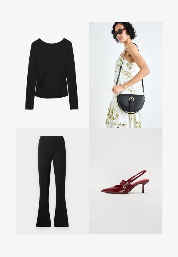 Črna dolgorasna majica s krožnim izrezom, ki ima naborke ob straneh in gladko, raztegljivo tkanino. Minimalističen dizajn.; Črne rebraste flare hlače z visoko pasom. Mehka, elastična tkanina nudi oprijeto silhueto in razširjen dno za slog in udobje.; Rde lakirane sandalete na peto s ostrim nosom, dvema sponkami in tanko, srednje visokim peto središče. Gladka tekstura.; Črna usnjena torbica s ukrivljeno obliko, z odstranljivo naramnico in zlatimi dodatki. Torbica ima pokrov s podrobnostmi v obliki zaponke.