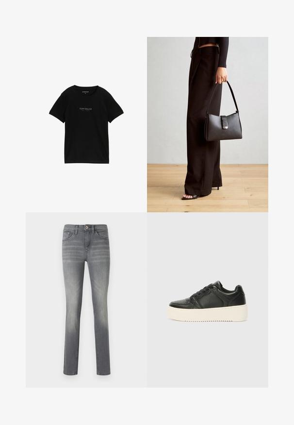 Crna pamučna majica s kratkim rukavima, okruglim izrezom i suptilnim logotipom u sivoj boji sprijeda. Veličina: M.; Sive traperice s uskim krojem, s izblijedjelim pranjem, pet džepova, kopčanjem na dugme i suptilnim detaljima šivanja.; Crne kožne tenisice s glatkom teksturom, debeo kremasti đon, okrugli vrh i klasični dizajn vezanja. Suptilni detalji šavova.; Crna torba s oblikom koji sadrži strukturu, glađu teksturu i metalnu kopču. Uparena s širokim crnim hlačama i sandalama na otvorenom s drvenog poda.