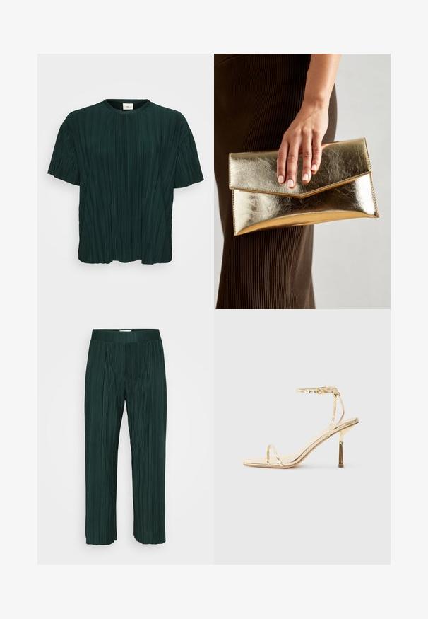 Dark green, pleated short-sleeve top with a round neckline, displaying texture and flow, suitable for casual wear.; Dark green pleated wide-leg pants with an elastic waistband, displayed against a plain white background.; Gold metallic high-heeled sandal featuring a square toe, thin ankle strap, and a sleek, minimalist design with a shiny finish.; Gold metallic clutch bag with a smooth texture, featuring a triangular flap closure. The hand holding it has neatly manicured nails.