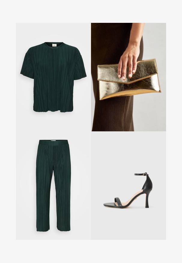 Temno zelena kratka majica s pregibi in okroglim izrezom, ki prikazuje teksturo in pretok, primerna za sproščeno nošenje.; Temnozeleni široki hlače s plisami in elastičnim pasom, prikazani na enobarvni beli podlagi.; Črne usnjene sandale na visoki peti z tankim gležnjenčkom, odprto konico in elegantnim, ukrivljenim peto. Teksturirana podplat in minimalistična zasnova.; Zlatna metalna torbica s glatko teksturo, ki ima trikotno zapiranje. Roka, ki jo drži, ima lepo urejene nohte.; Zlate uhane v obliki obročkov z gladko, sijočo površino. Krožna zasnova s majhnim nosilcem in prozornim podplatom za varno nošenje.
