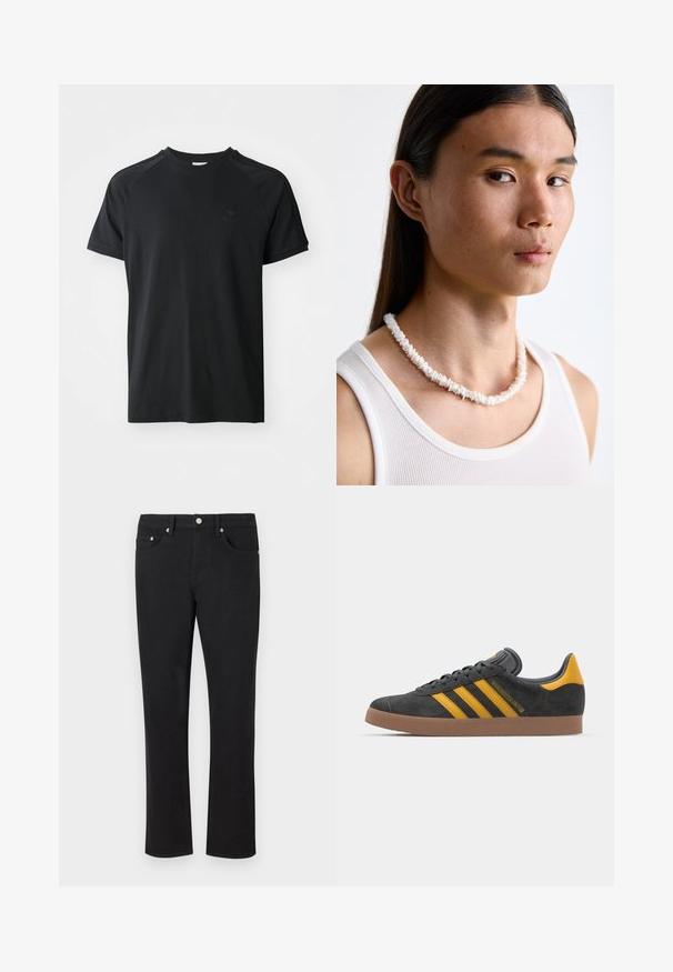 T-shirt de algodão preto com decote redondo, mangas curtas e design raglan. Apresenta um logótipo texturizado no lado esquerdo do peito. Acabamento suave.; Calças de ganga pretas com um design de perna reta, apresentando cinco bolsos e detalhes em metal prateado, com uma textura suave. Sem padrões ou acentos.; Tenis em camurça preta com detalhes amarelos, apresentando três riscas e uma sola de borracha castanha. Inclui uma língua acolchoada para maior conforto.; Colar de conchas brancas composto por formas irregulares, usado sobre uma camisola justa branca. Textura suave com um brilho subtil, design justo.