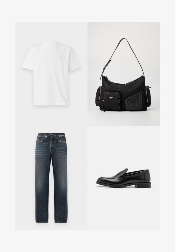 White cotton t-shirt with short sleeves and round neckline. Features embroidered "soul" text on the left chest area. Plain design.; Dark blue denim jeans with a relaxed fit, featuring subtle fading, a straight leg, and a classic five-pocket design.; Black leather loafers with a smooth texture, rounded toe, and a decorative strap across the vamp. Low stacked heel, minimalist design.; Black nylon shoulder bag with multiple zippered pockets, featuring a textured black leather accent and silver hardware details.