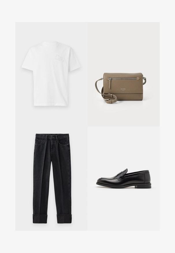 Fehér pamut póló rövid ujjakkal és kerek nyakkivágással. A bal mellrészen hímzett "soul" szöveggel rendelkezik. Egyszerű dizájn.; Fekete farmernadrág laza szabással, felgöngyölt szárakkal és reliefben domborított márkajellel a szegésen. Klasszikus, öt zsebes dizájn ellentétes varrással.; Fekete bőr loaferek sima textúrával, kerek orral és dekoratív pánttal a vampnál. Alacsony, rétegelt sarkú, minimalista dizájn.; Taupe színű bőr keresztpántos táska cipzáras elülső zsebbel, állítható pánttal, gyöngy felületű textúrával és a táska elején domború logóval.