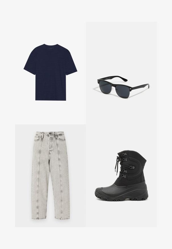 T-shirt blu navy a maniche corte con scollo rotondo e sottili righe orizzontali nella texture del tessuto. Realizzato in un materiale morbido.; Jeans grigi alti in vita con vestibilità ampia, caratterizzati da un design a gamba dritta, cuciture visibili e texture distressata.; Stivale invernale impermeabile nero con tomaia in tessuto, chiusura con lacci, suola in gomma, design trapuntato e finiture testurizzate per grip e isolamento.; Occhiali da sole neri con forma rettangolare, lenti scure, dettagli in argento alle tempie e finitura opaca sulla montatura.