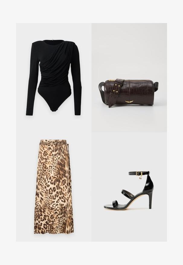 Body noir à manches longues avec un drapé froncé asymétrique sur le devant et des pressions à l'entrejambe.; Jupe maxi fluide imprimée léopard dans des tons beige et marron avec un détail de taille tressé. Tissu doux avec une silhouette drapée.; Sandale en cuir verni noir avec trois brides, boucle de cheville et talon aiguille de 10 cm. Présente un détail en métal doré et un charm logo.; Sac en cuir embossé crocodile marron avec une forme cylindrique, quincaillerie dorée et une bandoulière détachable ornée de clous.