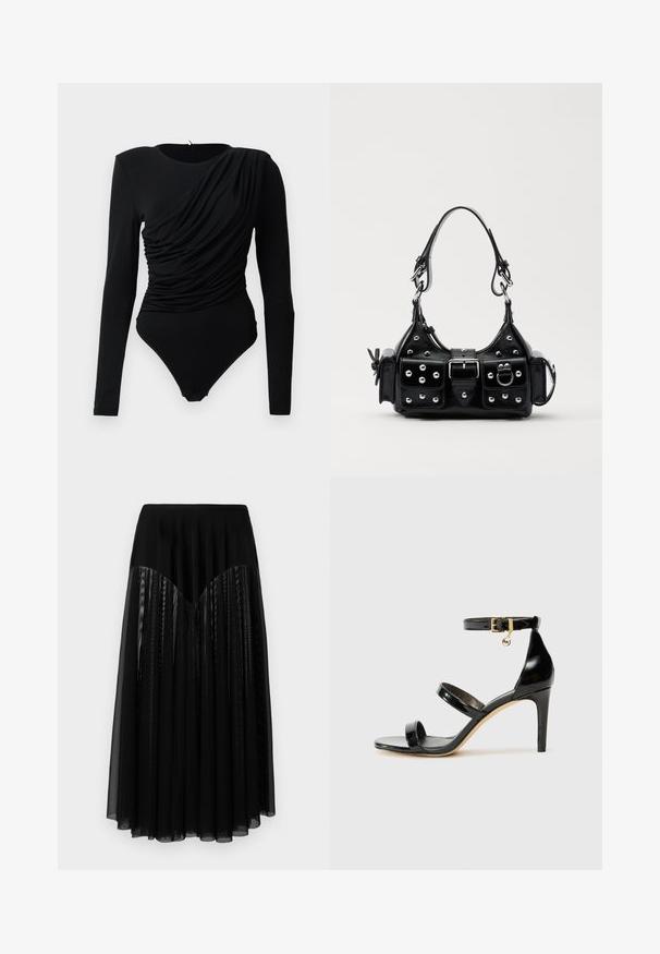 Musta pitkähiha bodysuit, jossa on epäsymmetrinen rypytetty drapeeraus edessä ja napitavaa kiinnitystä haarassa.; Mustassa hameessa on tiukka vyötärö ja kerroksittain laskostettua läpinäkyvää kangasta, jossa on teksturoitu pinta. Pituus ulottuu säärien keskiväliin, ja hameen pinta on sileä.; Musta patentoitu nahkasandaali, jossa on kolme hihnaa, nilkkasolki ja 4 tuuman stiletto-korko. Varustettu kultaisilla yksityiskohdilla ja logokoristeella.; Musta nahkainen käsilaukku, jossa on kaareva muotoilu, hopeiset niitit, solki ja kaksi sivutaskua. Säädettävä olkahihna erilaisiin kantovaihtoehtoihin.