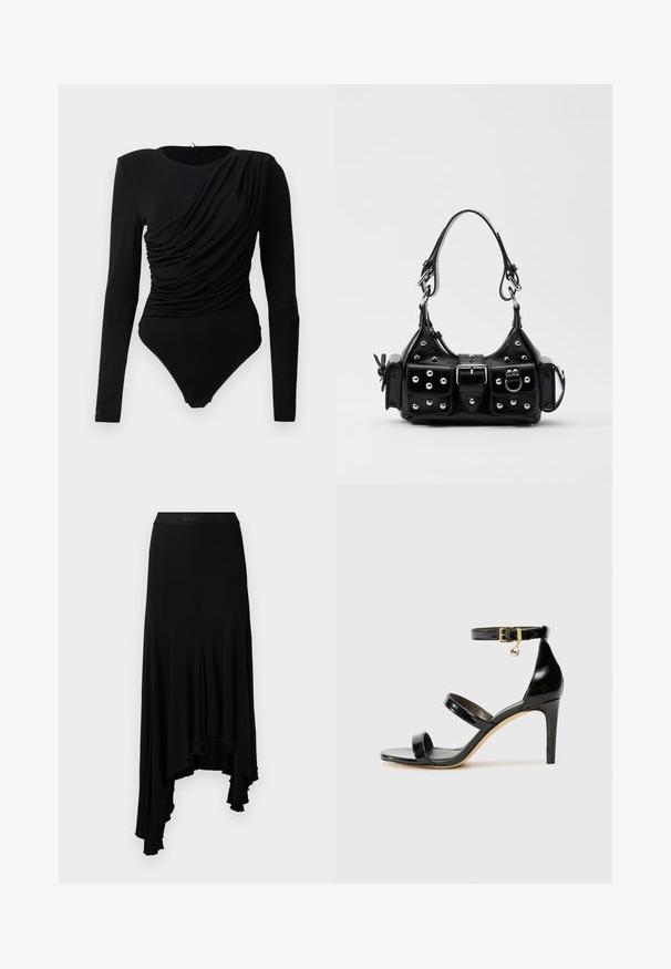 Črn bodi z dolgimi rokavi z asymetričnim nabranim draperijem spredaj in s pokrovčki za zapenjanje med nogami.; Črna asimetrična krila z valovitim robom, izdelana iz mehkega, raztegljivega materiala, s širokim pasom in embosiranim blagovno znamko.; Črne lakirane sandale s tremi trakovi, zaponko okoli gležnja in 10-centimetrsko stiletto peto. Imajo detajle iz zlatega kovanja in logotipni čar.; Črna usnjena torbica s ukrivljenim dizajnom, ki vsebuje srebrne žebljičke, zaponko in dve stranski žepki. Nastavljiv trak za različne možnosti nošenja.