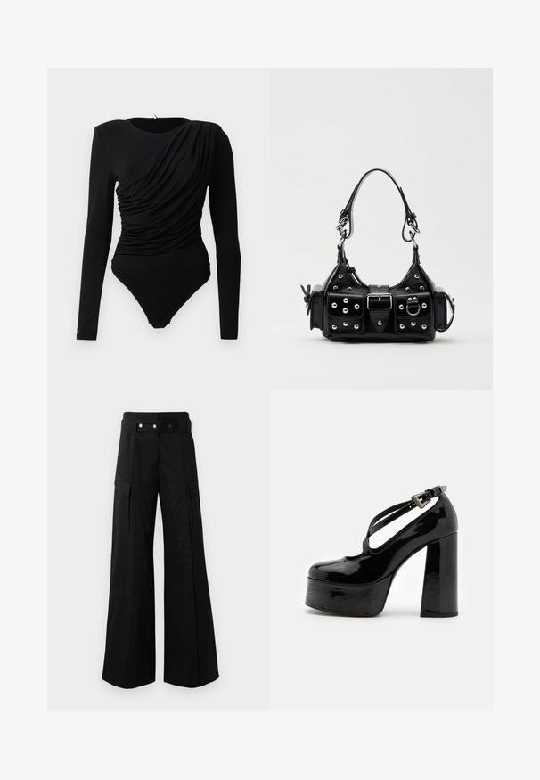 Zwarte lange mouwen bodysuit met asymmetrische geraffineerde drapering aan de voorkant en drukknoopsluiting bij het kruis.; Zwarte wijde broek met hoge tailleband, voorzien van grote zijzakken, twee knopen aan de voorkant en een lusdetail. Gemaakt van stevige stof.; The Kooples CHAUSSURES - Hoge hakken - black; Zwarte lederen handtas met een gebogen ontwerp, voorzien van zilveren studs, een gesp en twee zijvakken. Verstelbare schouderband voor verschillende draagmogelijkheden.