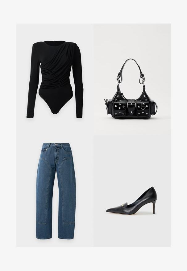 Bodysuit preto de mangas longas com drapeado assimétrico pregueado na parte da frente e fechos de pressão na zona da virilha.; Jeans de ganga azuis com pernas largas, grandes bolsos frontais, fecho com botão e passadores para cinto.; Sapatilha de couro preto com bico fino, vamp baixo e um detalhe decorativo em ouro. Apresenta um salto agulha e uma textura suave.; Bolsa de couro preta com um design curvado, apresentando tachas prateadas, uma fivela e dois bolsos laterais. Alça ajustável para opções de transporte.