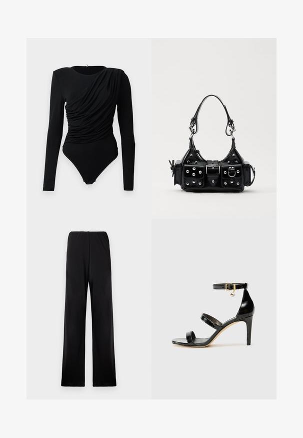 Črn bodi z dolgimi rokavi z asymetričnim nabranim draperijem spredaj in s pokrovčki za zapenjanje med nogami.; Črne široke hlače iz mehke tkanine, z elastičnim pasom. Oblikovanje ima gladko teksturo brez vidnih vzorcev ali poudarkov.; Črne lakirane sandale s tremi trakovi, zaponko okoli gležnja in 10-centimetrsko stiletto peto. Imajo detajle iz zlatega kovanja in logotipni čar.; Črna usnjena torbica s ukrivljenim dizajnom, ki vsebuje srebrne žebljičke, zaponko in dve stranski žepki. Nastavljiv trak za različne možnosti nošenja.