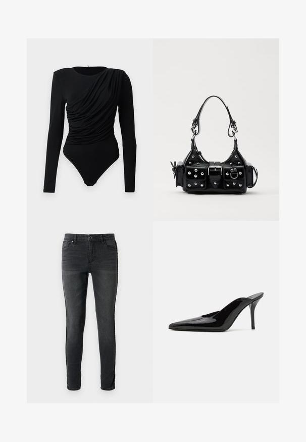 Crna bodi majica dugih rukava s asimetričnim nabranim materijalom sprijeda i kopčanjem na preponama.; Uskeđene crne traperice s izblijedjelom teksturom, dizajnom s pet džepova i dekorativnim šavovima duž bočnih šavova.; Crne lakirane kožne visoke potpetice mule s šiljastim prstom i elegantnom siluetom, s otvorenom poleđinom i vitkom stiletto potpeticom.; Crna kožna torba s zakrivljenim dizajnom, koja sadrži srebrne zakovice, kopču i dva bočna džepa. Podesiva traka za različite opcije nošenja.