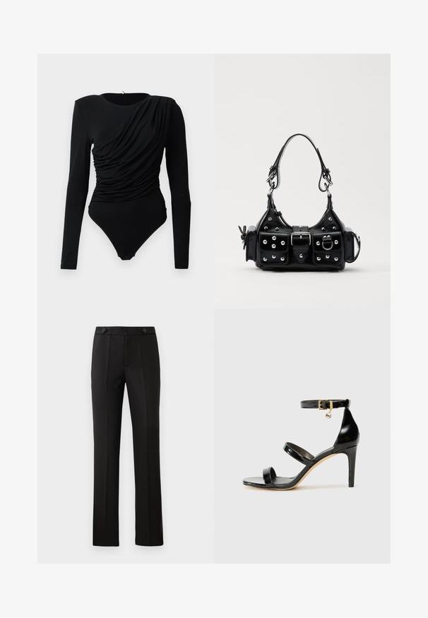 Musta pitkähiha bodysuit, jossa on epäsymmetrinen rypytetty drapeeraus edessä ja napitavaa kiinnitystä haarassa.; Mustat mittatilaustyönä tehdyt housut, joissa on suora lahje, kaksi etutaskua, nappisulku ja rypytyksellä varustettua yksityiskohtaa edessä. Sujuva materiaali.; Musta patentoitu nahkasandaali, jossa on kolme hihnaa, nilkkasolki ja 4 tuuman stiletto-korko. Varustettu kultaisilla yksityiskohdilla ja logokoristeella.; Musta nahkainen käsilaukku, jossa on kaareva muotoilu, hopeiset niitit, solki ja kaksi sivutaskua. Säädettävä olkahihna erilaisiin kantovaihtoehtoihin.