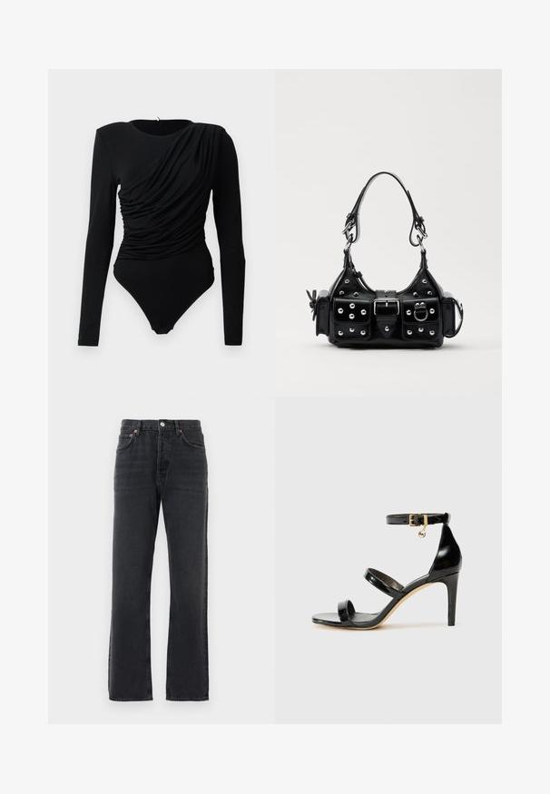 Bodysuit negro de manga larga con drapeado asimétrico arrugado en la parte frontal y cierres a presión en la entrepierna.; Vaqueros de denim negros de pierna recta con cinco bolsillos, cierre de botón y presillas para cinturón, exhibidos sobre un fondo blanco.; Sandalia de charol negro con tres correas, hebilla en el tobillo y tacón de aguja de 10 cm. Presenta detalles de hardware en oro y un charm con el logo.; Bolso de mano de cuero negro con un diseño curvado, que cuenta con tachuelas plateadas, una hebilla y dos bolsillos laterales. Correa ajustable para opciones de transporte.