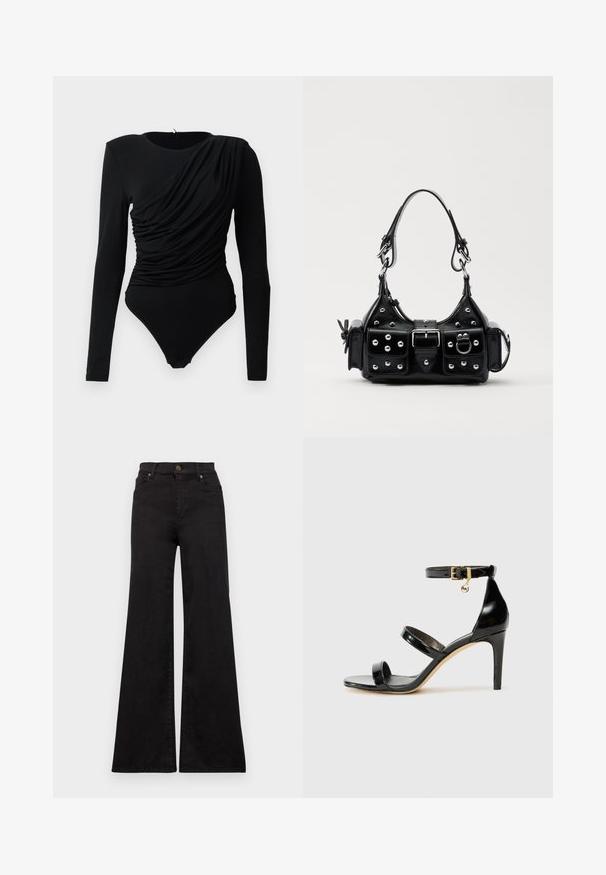 Bodysuit preto de mangas longas com drapeado assimétrico pregueado na parte da frente e fechos de pressão na zona da virilha.; Jeans flares pretos feitos de denim com cintura alta, apresentando bolsos frontais e acabamentos metálicos no botão e rebites.; Sandal de couro envernizado preto com três tiras, fivela no tornozelo e salto agulha de 10 cm. Apresenta detalhes em hardware dourado e um charme com logotipo.; Bolsa de couro preta com um design curvado, apresentando tachas prateadas, uma fivela e dois bolsos laterais. Alça ajustável para opções de transporte.
