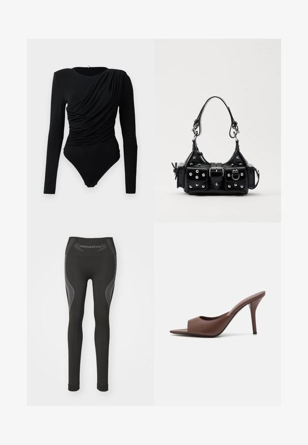 Crna bodi majica dugih rukava s asimetričnim nabranim materijalom sprijeda i kopčanjem na preponama.; Crne tajice s visokim strukom, sivo naglašene detalje i teksturirane panele sa strane. Izrađene od rastezljivog materijala.; Smeđe kožne mule s visokom potpeticom i otvorenim prstima, s elegantnim dizajnom, širokim prednjim remenom i vitkom stiletto potpeticom.; Crna kožna torba s zakrivljenim dizajnom, koja sadrži srebrne zakovice, kopču i dva bočna džepa. Podesiva traka za različite opcije nošenja.