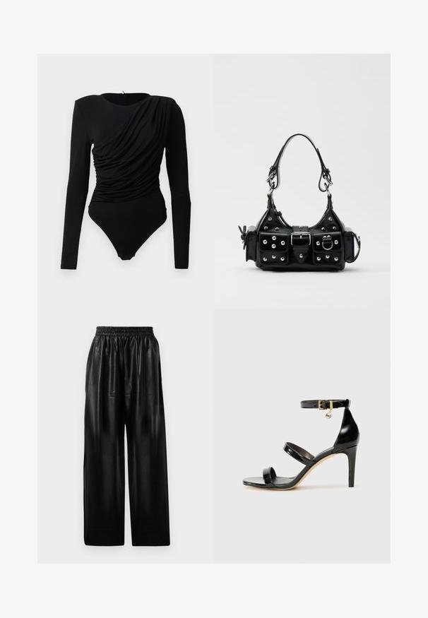 Černý body s dlouhým rukávem a asymetrickým řasením přes přední část, s patentkami v oblasti rozkroku.; Černé kožené kalhoty s širokými nohavicemi a elastickým pasem, které mají dvě boční kapsy a hladkou, lesklou texturu.; Černé lakované kožené sandály se třemi pásky, sponou na kotníku a 10 cm jehlovým podpatkem. Obsahují zlaté kovové detaily a logo přívěsek.; Černá kožená kabelka s křivkovým designem, zdobená stříbrnými hřebíky, s přezkou a dvěma bočními kapsami. Nastavitelný popruh pro různé možnosti nošení.