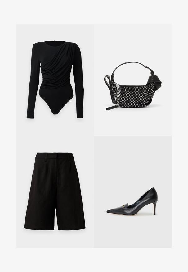 Musta pitkähiha bodysuit, jossa on epäsymmetrinen rypytetty drapeeraus edessä ja napitavaa kiinnitystä haarassa.; Mustat shortsit, jotka ovat väljät ja valmistettu kevyestä kankaasta, jossa on sileä pinta. Omistaa litteän vyötärönauhan ja minimaalisen yksityiskohtaisuuden.; Musta nahkainen korkokenkä, jossa on terävä kärki, matala leikkaus ja koristeellinen kultainen yksityiskohta. Varustettu stilettokannalla ja sileällä pinnalla.; Musta käsilaukku, jossa on niittikoristeet, ketjuhihna ja sileä nahkakahva, pyöreä muoto ja vetoketjullinen osasto.