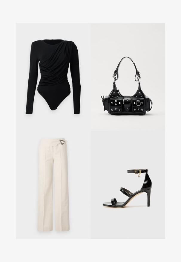 Čierny body s dlhým rukávom a asymetrickým skladaním cez prednú časť, so zapínaním na cvoky v rozkroku.; Biele široké nohavice z tkaniny s textúrovaným povrchom. Obsahujú bočné plisy a dekoračný opasok s kruhovou sponou.; Čierne lakované sandále s tromi pásikmi, spona na členku a 10 cm ihlovým podpätkom. Obsahujú zlaté detaily s hardwarem a logo prívesok.; Čierna kožená kabelka s zakriveným dizajnom, doplnená striebornými cvočkami, prackou a dvoma bočnými vreckami. Nastaviteľný popruh poskytuje rôzne možnosti nosenia.