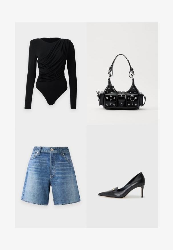 Crna bodi majica dugih rukava s asimetričnim nabranim materijalom sprijeda i kopčanjem na preponama.; Traper šortsevi u svijetloplavoj boji s visokim strukom, pet džepova i dugmetom, s izblijedjelom teksturom i neuređenim rubom.; Crne kožne štikle s oštrim vrhom, niskim dekolteom i dekorativnim zlatnim naglaskom. Imaju štiklu i glatku teksturu.; Crna kožna torba s zakrivljenim dizajnom, koja sadrži srebrne zakovice, kopču i dva bočna džepa. Podesiva traka za različite opcije nošenja.