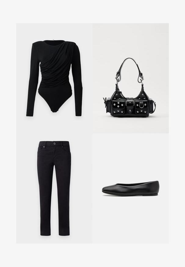 Bodysuit preto de mangas longas com drapeado assimétrico pregueado na parte da frente e fechos de pressão na zona da virilha.; Calças de algodão pretas com um corte reto, apresentando bolsos à frente e um fecho de botão na cintura. Textura suave e sem padrões.; Paul Smith TOPANGA - Sabrinas - black; Bolsa de couro preta com um design curvado, apresentando tachas prateadas, uma fivela e dois bolsos laterais. Alça ajustável para opções de transporte.