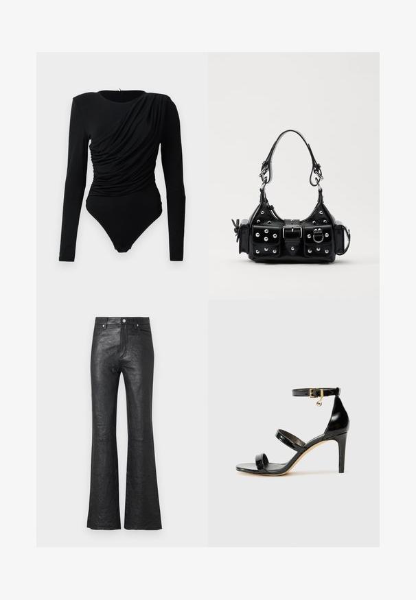 Juodas ilgos rankovės bodis su asimetriniu raukšlėjimu per priekį ir spaustukais kirkšnyje.; Juodos odinės platėjančios kelnės su subraižyta tekstūra, aukšta juosmens linija, priekinių kišenių ir klasikine mygtukų uždarymo sistema su užtrauktuku.; Juodas patentuotas odinis sandalai su trimis diržais, kulkšnies sagtimi ir 4 colių stiletto kulnu. Yra aukso detalės ir logotipo žavesys.; Juodas odinis rankinukas su kreiviu dizainu, su sidabro spalvos knopkėmis, užsegimu ir dviem šoninėmis kišenėmis. Reguliuojama dirželis nešimui.