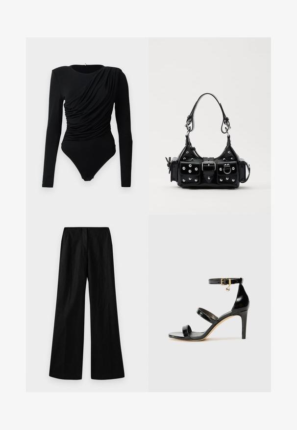 Bodysuit negro de manga larga con drapeado asimétrico arrugado en la parte frontal y cierres a presión en la entrepierna.; Pantalones de pierna ancha negros hechos de una tela texturada. Presentan una cintura alta y pliegues frontales limpios, con un corte recto hasta el dobladillo.; Sandalia de charol negro con tres correas, hebilla en el tobillo y tacón de aguja de 10 cm. Presenta detalles de hardware en oro y un charm con el logo.; Bolso de mano de cuero negro con un diseño curvado, que cuenta con tachuelas plateadas, una hebilla y dos bolsillos laterales. Correa ajustable para opciones de transporte.