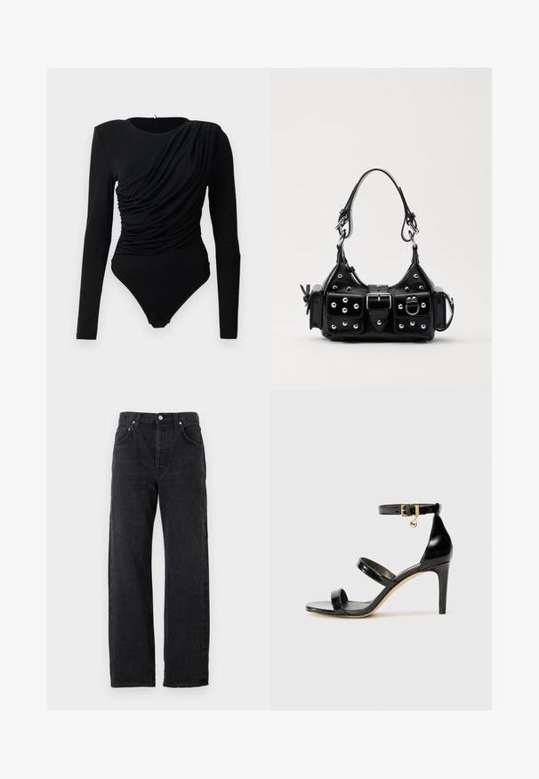 Sort langærmet bodysuit med asymmetrisk drapering og samlinger over fronten samt knapper ved skridtet.; Sorte denim jeans med lige ben, med en høj talje, fem lommer og metalliske knapper. Glat, let struktureret stof.; Sorte patenterede lædersandaler med tre stropper, ankelspænde og 10 cm stiletthæl. Har detaljer i guld og et logo charms.; Sort læderhåndtaske med et buet design, prydet med sølvfarvede nitter, en spænde og to sidelommer. Justerbar rem til forskellige bære muligheder.