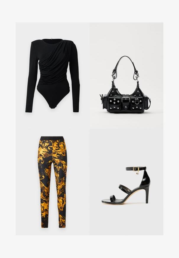 Czarny body z długim rękawem, z asymetrycznymi marszczeniami na przodzie i zapięciem na napy w kroku.; Czarne legginsy z ozdobnym, złotym wzorem barokowym. Pas posiada nazwę marki "VERSACE JEANS" w kontrastowym kolorze.; Czarne lakierowane sandały na paski z trzema paskami, zapięciem na kostce i 10-centymetrowym obcasem w szpilce. Zawierają złote detale oraz zawieszkę z logo.; Czarna skórzana torebka w zakrzywionym kształcie, z srebrnymi ćwiekami, klamrą i dwoma bocznymi kieszeniami. Regulowany pasek umożliwiający różne opcje noszenia.