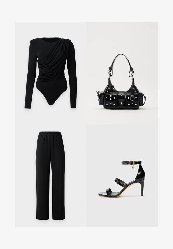 Body noir à manches longues avec un drapé froncé asymétrique sur le devant et des pressions à l'entrejambe.; Pantalons larges noirs en tissu lisse avec une taille élastique. Présentent une coupe droite et un minimum de détails. Conviennent pour un usage décontracté.; Sandale en cuir verni noir avec trois brides, boucle de cheville et talon aiguille de 10 cm. Présente un détail en métal doré et un charm logo.; Sac à main en cuir noir au design courbé, avec des clous en argent, une boucle et deux poches latérales. Bandoulière réglable pour différentes options de transport.
