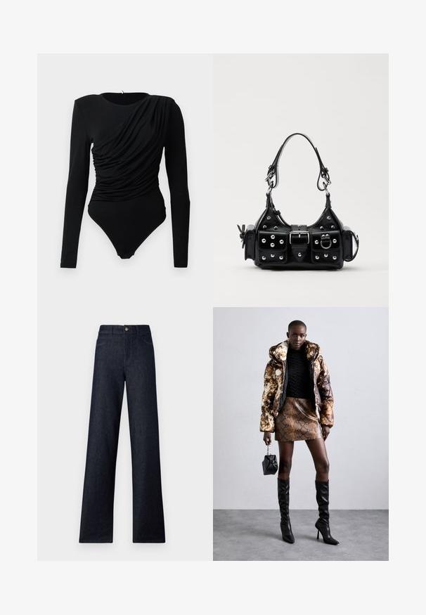 Melna garuma piedurkņu bodijmaika ar asimetrisku drapējumu priekšpusē un snap aizdari kakla zonā.; Tumši džinsa auduma augstās jostas auzētās bikses ar platām kājām, piedāvājot piecas kabatas, aizdari ar pogu un kontrastējošu šuvju. Gluda tekstūra bez rakstiem.; Puffa jaka ar brūnu un melnu rakstu, kombinēta ar brūnu čūskas raksta mini svārkiem, melniem līdz ceļgala zābakiem un mazu melnu somiņu.; Melnas ādas rokturmais ar izliekumu, ar sudraba iedurtiem, sprādzi un divām sānu kabatām. Regulējams siksniņas garums dažādām nēsāšanas iespējām.