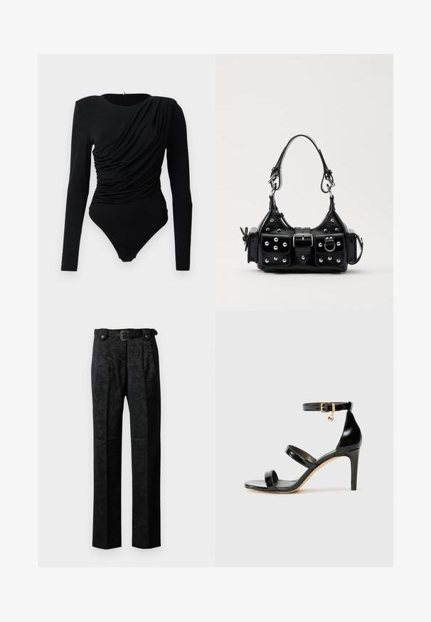 Czarny body z długim rękawem, z asymetrycznymi marszczeniami na przodzie i zapięciem na napy w kroku.; Czarne eleganckie spodnie z subtelnym kwiatowym wzorem, z plisami z przodu, pętlami na pasek oraz dekoracyjnym paskiem na jednolitym tle.; Czarne lakierowane sandały na paski z trzema paskami, zapięciem na kostce i 10-centymetrowym obcasem w szpilce. Zawierają złote detale oraz zawieszkę z logo.; Czarna skórzana torebka w zakrzywionym kształcie, z srebrnymi ćwiekami, klamrą i dwoma bocznymi kieszeniami. Regulowany pasek umożliwiający różne opcje noszenia.