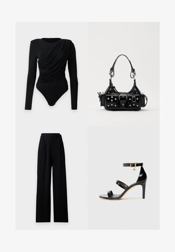 Juodas ilgos rankovės bodis su asimetriniu raukšlėjimu per priekį ir spaustukais kirkšnyje.; Juodos plačios kelnės, pagamintos iš minkštos medžiagos, su aukšta juosmens linija ir atitinkamu rišamuoju diržu, su lygiu paviršiumi ir jokiais matomais raštais.; Juodas patentuotas odinis sandalai su trimis diržais, kulkšnies sagtimi ir 4 colių stiletto kulnu. Yra aukso detalės ir logotipo žavesys.; Juodas odinis rankinukas su kreiviu dizainu, su sidabro spalvos knopkėmis, užsegimu ir dviem šoninėmis kišenėmis. Reguliuojama dirželis nešimui.