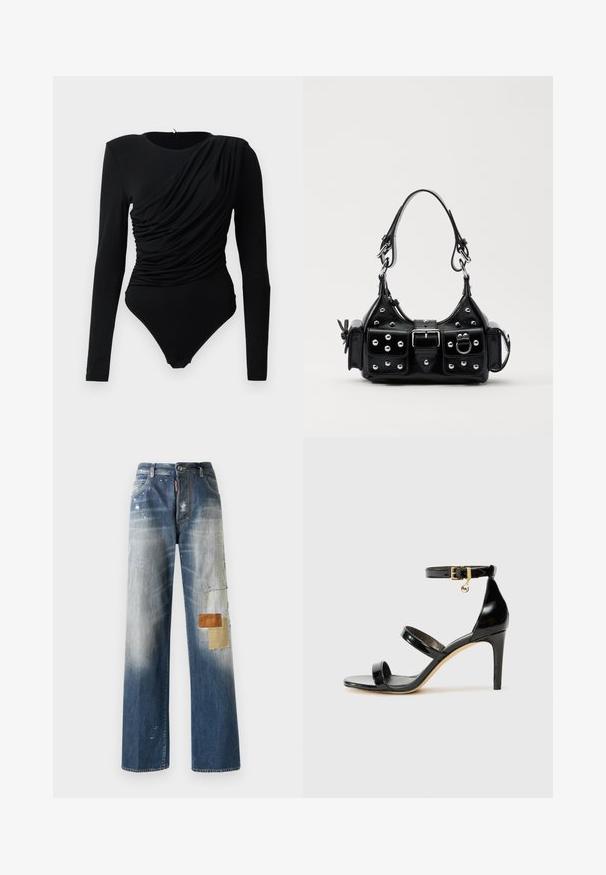 Black long-sleeve bodysuit with asymmetrical ruched draping across the front and snap fasteners at the crotch.; Blue denim jeans featuring a loose fit, faded sections, and various textured patches in brown and beige on the left leg. Light distressing visible.; Black patent leather sandal with three straps, ankle buckle, and 4-inch stiletto heel. Features gold hardware detail and logo charm.; Black leather handbag with a curved design, featuring silver studs, a buckle, and two side pockets. Adjustable strap for carrying options.