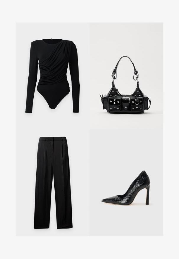 Melna garuma piedurkņu bodijmaika ar asimetrisku drapējumu priekšpusē un snap aizdari kakla zonā.; Melni, plati bikses ar gludu auduma tekstūru, kurām ir frontālie krokas, jostas cilpas un rāvējslēdzējs.; Melni augstpapēžu apavi ar norādītu purngalu, ar krokodila ādas tekstūru, izceļoties ar elegantu dizainu, augstu stiletto papēdi un gludu melnu interjeru.; Melnas ādas rokturmais ar izliekumu, ar sudraba iedurtiem, sprādzi un divām sānu kabatām. Regulējams siksniņas garums dažādām nēsāšanas iespējām.